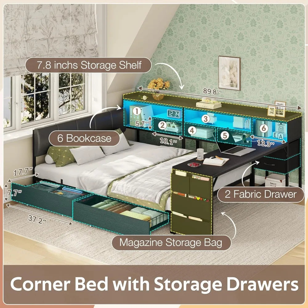 Corner Bed Frame with Storage Desk, Upholstered Headboard, 4 Drawers, 6 Bookcase, LED Lights, Charging Station, Black