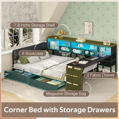 Corner Bed Frame with Storage Desk, Upholstered Headboard, 4 Drawers, 6 Bookcase, LED Lights, Charging Station, Black