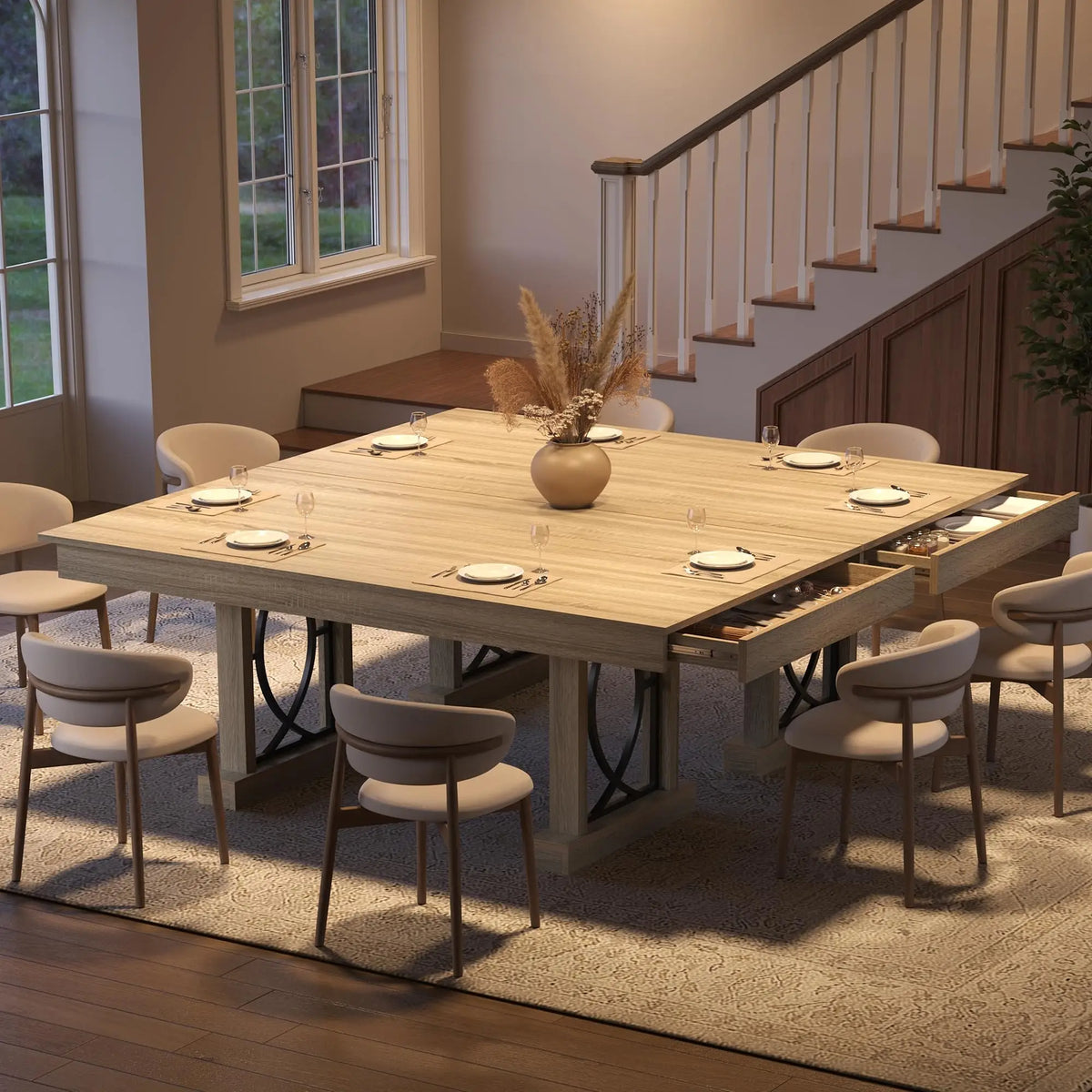 71 Inch Dining Table For 6-8, Large Rectangular Kitchen Table With 2 Storage Drawers, Double Pedestal Wood Table For Dining Room