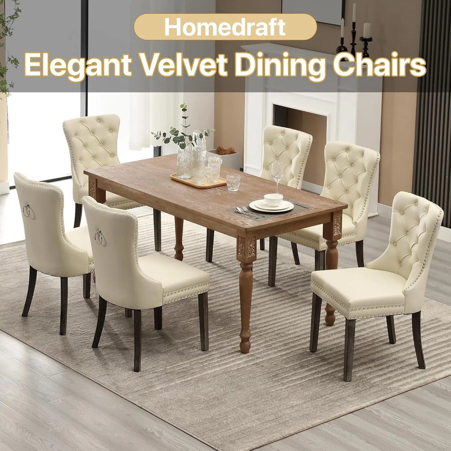 Leather Dining Chairs with Solid Wood Legs and Pull Ring, Luxury, Customized Set of 6