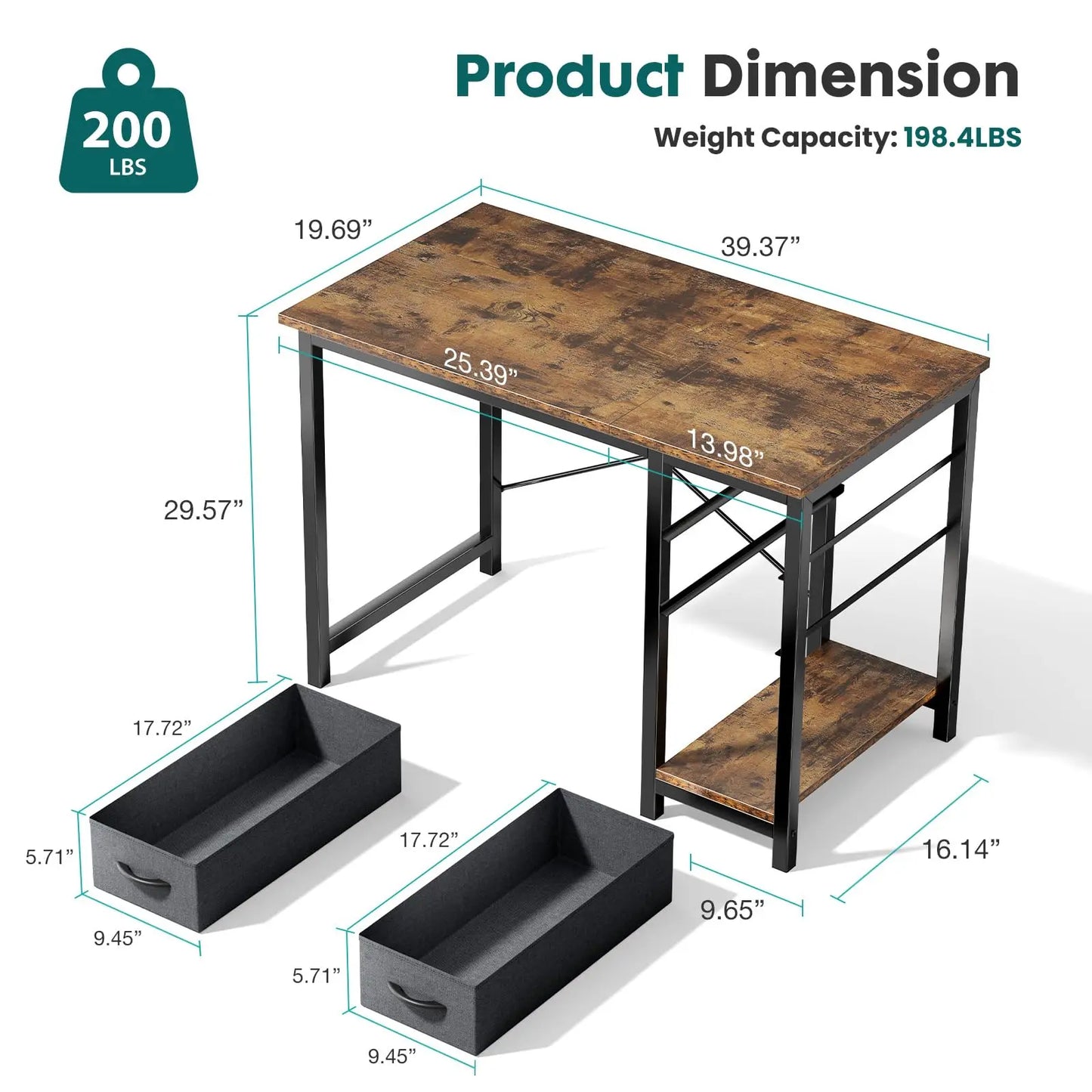 47IN Computer Desk with 2 Drawers For Study Wood Table with Adjustable Position Drawers Modern Work Table for Office or Gaming