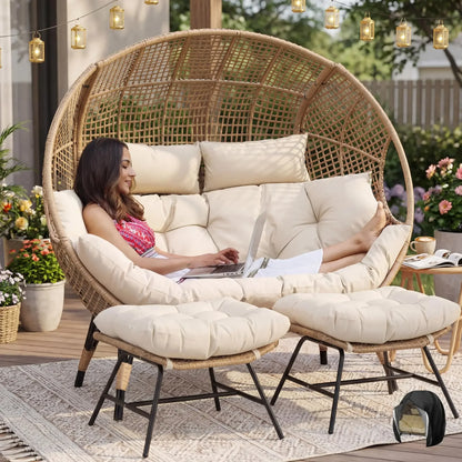 Indoor / Outdoor Stationary Oversized Double Egg Chair   6.5" Thick Padded Cushions, 2 Person Wicker Egg Loveseat Chair