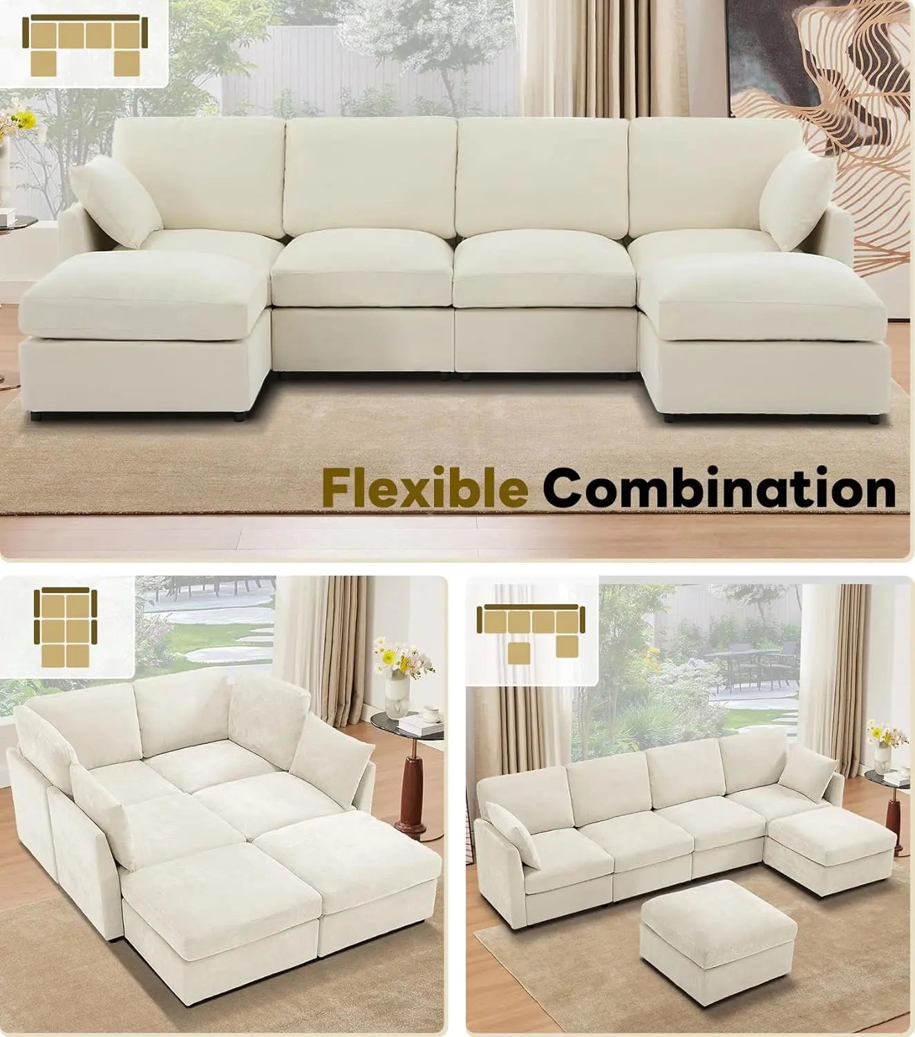 Modular Sectional Couch for Living Room, Spring Cushion Seating, Modern 6 Seater Convertible U Shaped Sofa with Ottoman, Beige |