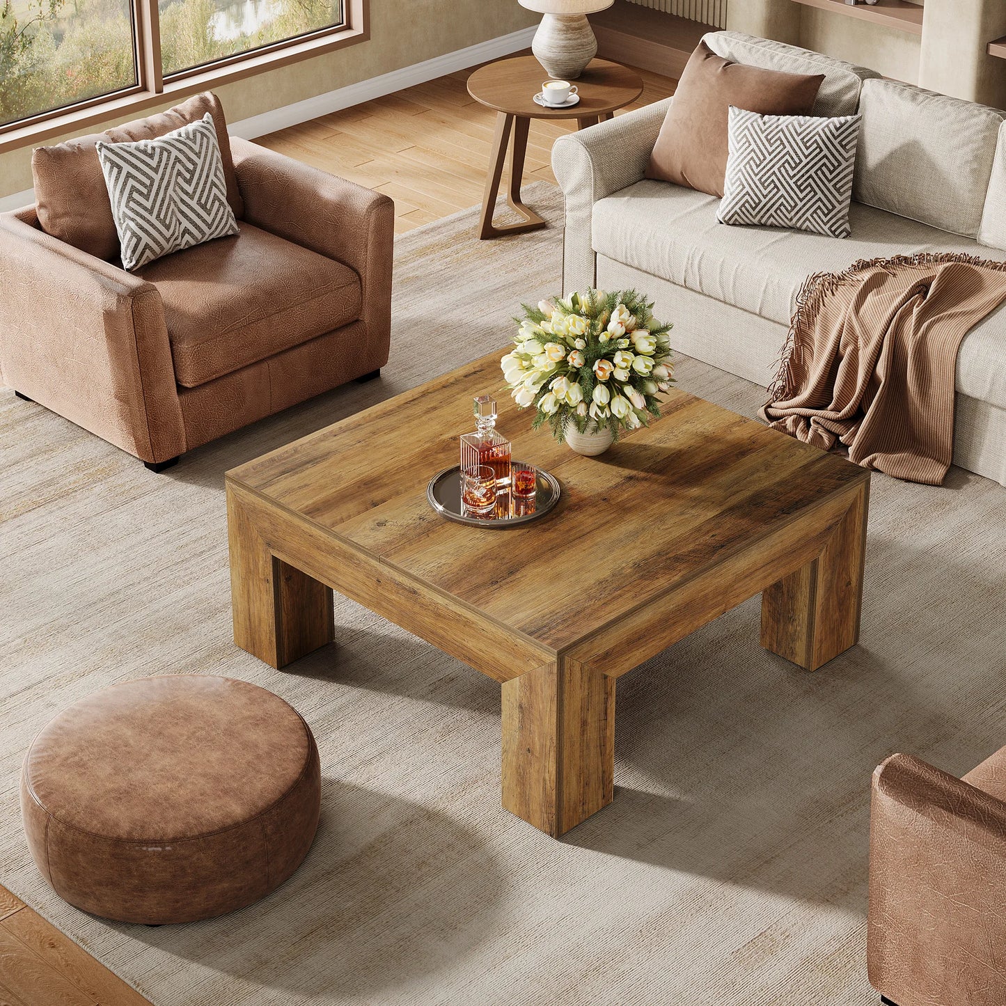 39.4-Inch Square Coffee Table for Living Room, Farmhouse  Cocktail Table with Sturdy Wooden Legs