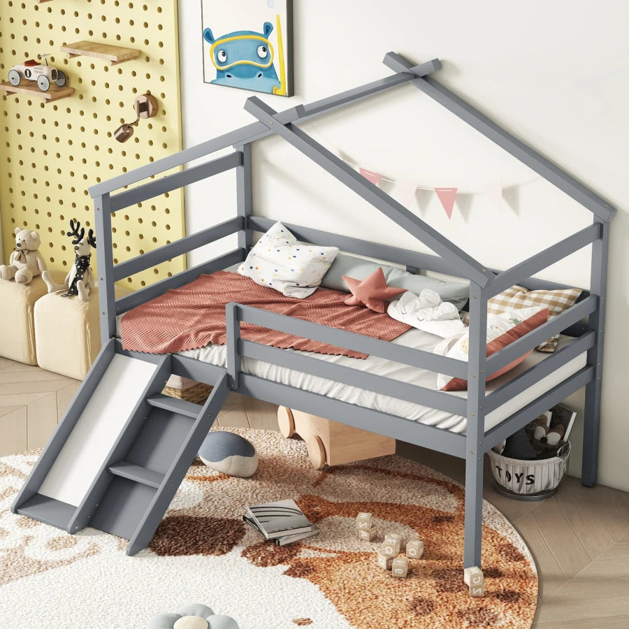 Twin Low Loft House Bed with Slide, Ladder, Safety Guardrails, House Roof Frame