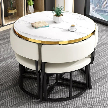 Round Luxury White Mobile Dining Table  Set with 4 Chairs