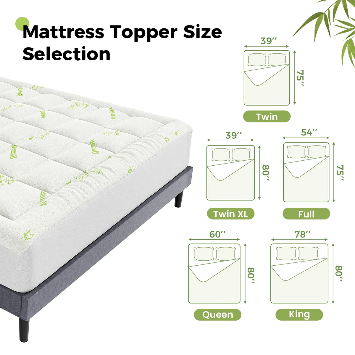 Bamboo Fiber Soft Mattress Topper with Deep Pockets 400g Thick Mattress for Back Pain Relief Breathable Cooling Material