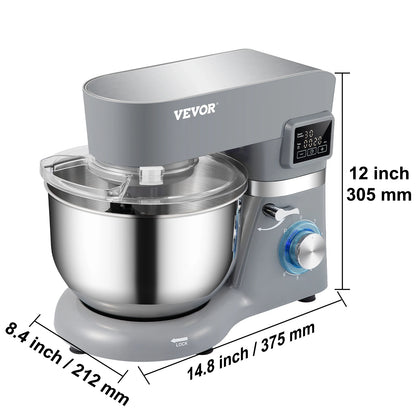 Electric Dough Mixer with 6 Speeds LCD Screen Timing 5.8 Qt Stainless Steel Bowl Dough Hook Flat Beater