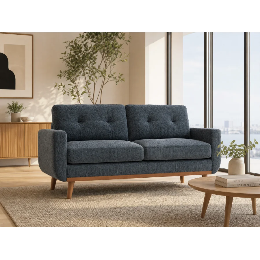 Mid-Century Modern Upholstered Tufted Loveseat Sofa With Wooden Legs