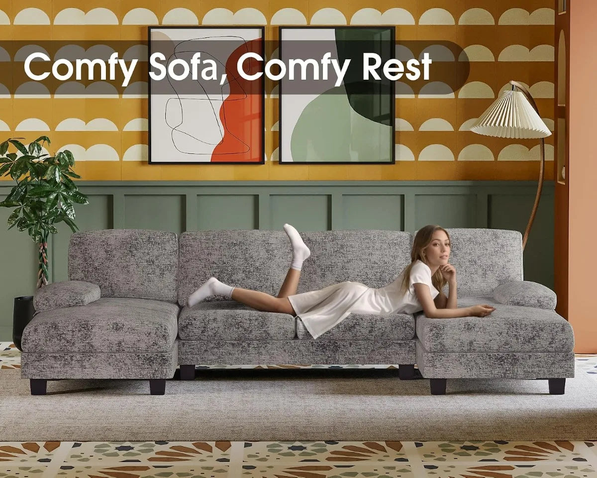 U-Shaped Sofa Couch with Linen Fabric, 4 Seat Sofa Set with Double Chaise