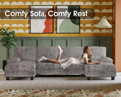 U-Shaped Sofa Couch with Linen Fabric, 4 Seat Sofa Set with Double Chaise