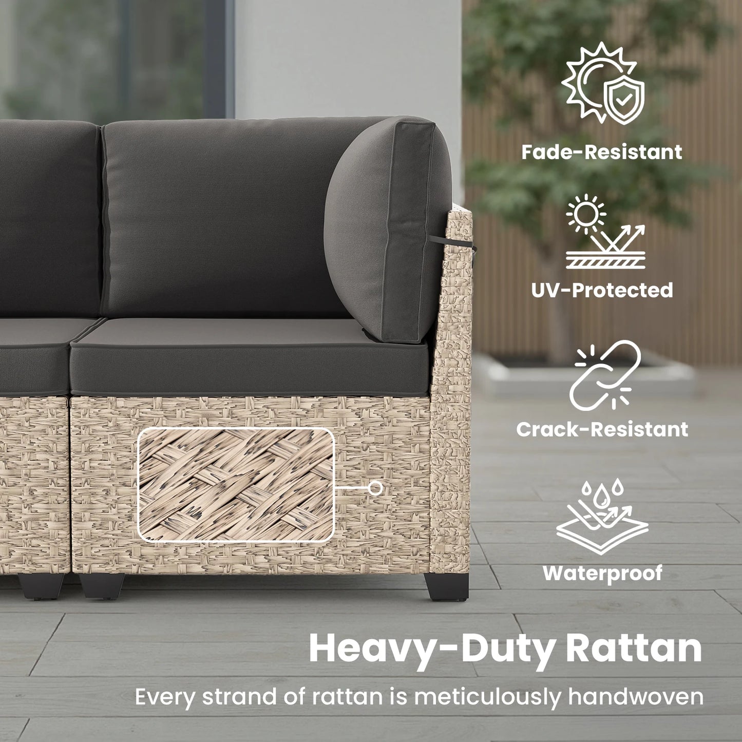 7-Piece Patio Furniture Set, Outdoor Rattan Sectional Sofa with Tempered Glass Table, All-Weather, for Garden, Porch, Backyard
