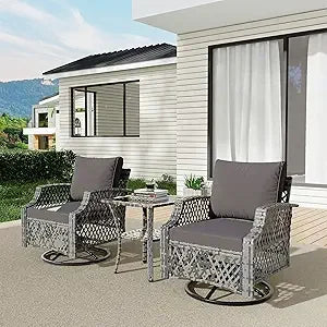 3 Piece Outdoor  Wicker Patio Bistro Set with Thickened 25D Cushions and Glass Coffee Table, Swiveling Chairs