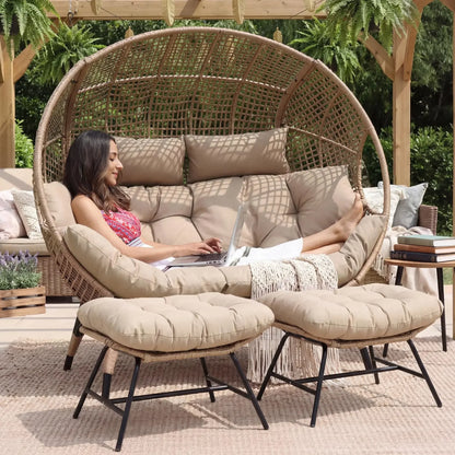Indoor / Outdoor Stationary Oversized Double Egg Chair   6.5" Thick Padded Cushions, 2 Person Wicker Egg Loveseat Chair