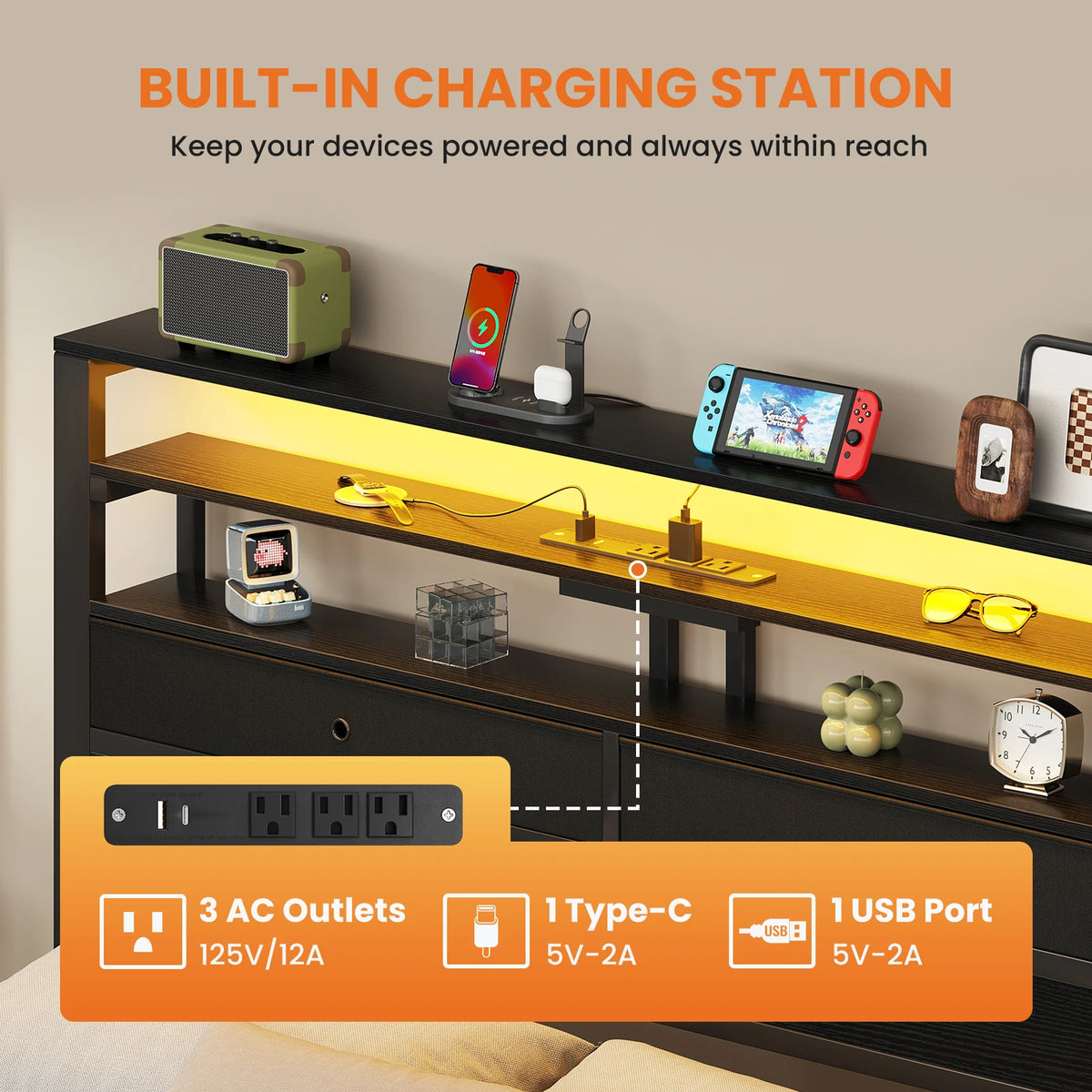 Basic Bed Frame  with Storage LED Charging Station Headboard Sturdy Steel Slat Support All Size Bedroom Bed For Home