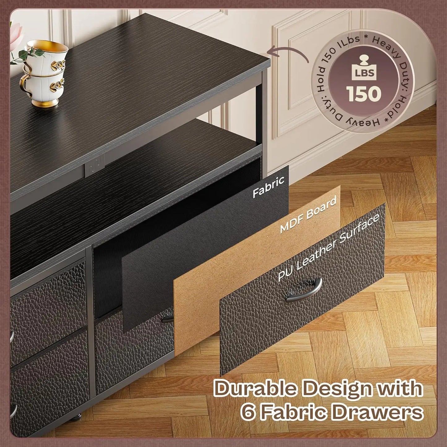 63 Inch LED TV Stand with Power Outlets, Fabric Drawers TV Stand