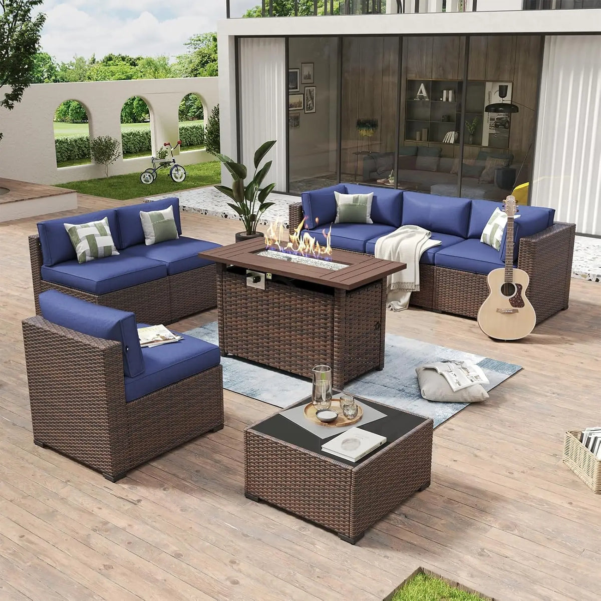 8 Piece Patio Furniture Set with 44” Fire Pit Table Wicker Rattan Outdoor Sectional Sofa Set with Coffee Table