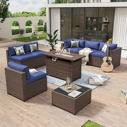 8 Piece Patio Furniture Set with 44” Fire Pit Table Wicker Rattan Outdoor Sectional Sofa Set with Coffee Table