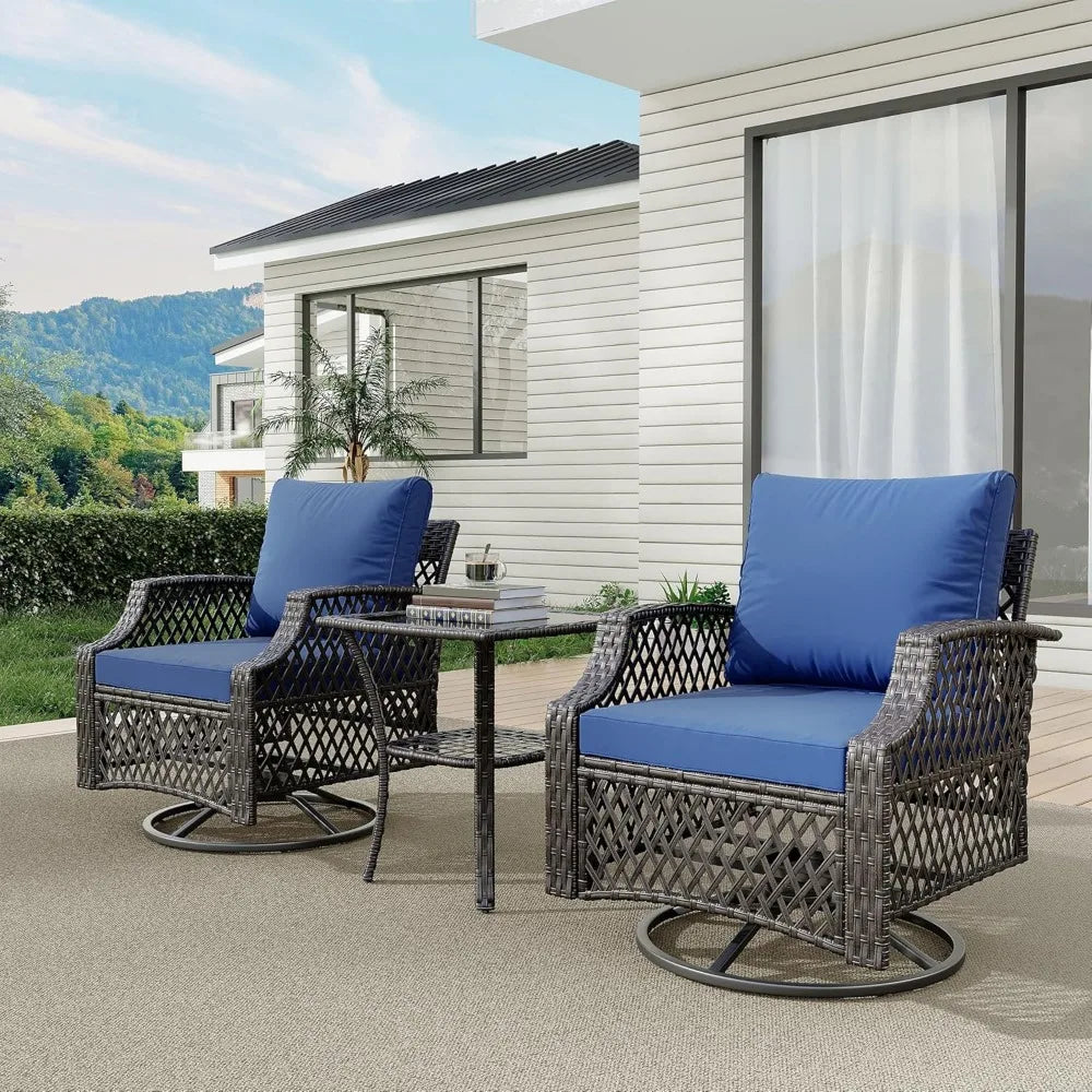 3 Piece Outdoor  Wicker Patio Bistro Set with Thickened 25D Cushions and Glass Coffee Table, Swiveling Chairs