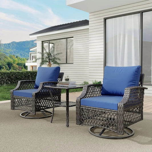 3 Piece Outdoor  Wicker Patio Bistro Set with Thickened 25D Cushions and Glass Coffee Table, Swiveling Chairs
