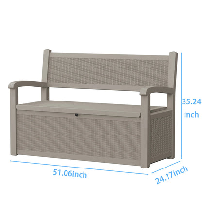 Outdoor Storage Bench with Rattan Look, Light Brown, Weatherproof Resin Patio Bench with Storage Box for Garden Backyard Poolside