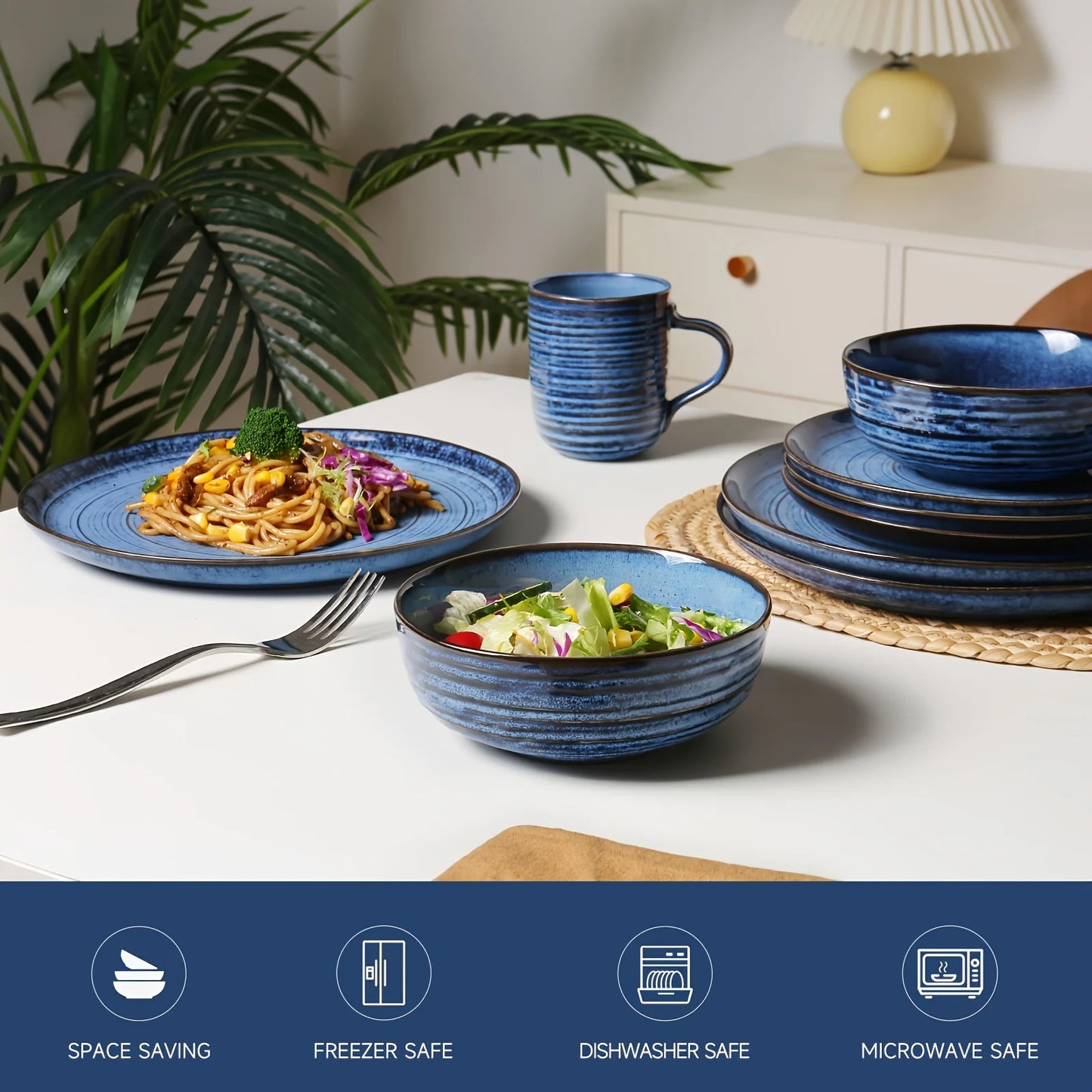 16pcs Blue Threaded Ceramic Dinnerware Set - A Reactive Change Glaze Dish Set Including Plates, Pasta Bowls, Soup Bowls, And Mugs, Serving 4 People, High Quality Stoneware Suitable for Gifting, Valentine's Day, Parties, And W