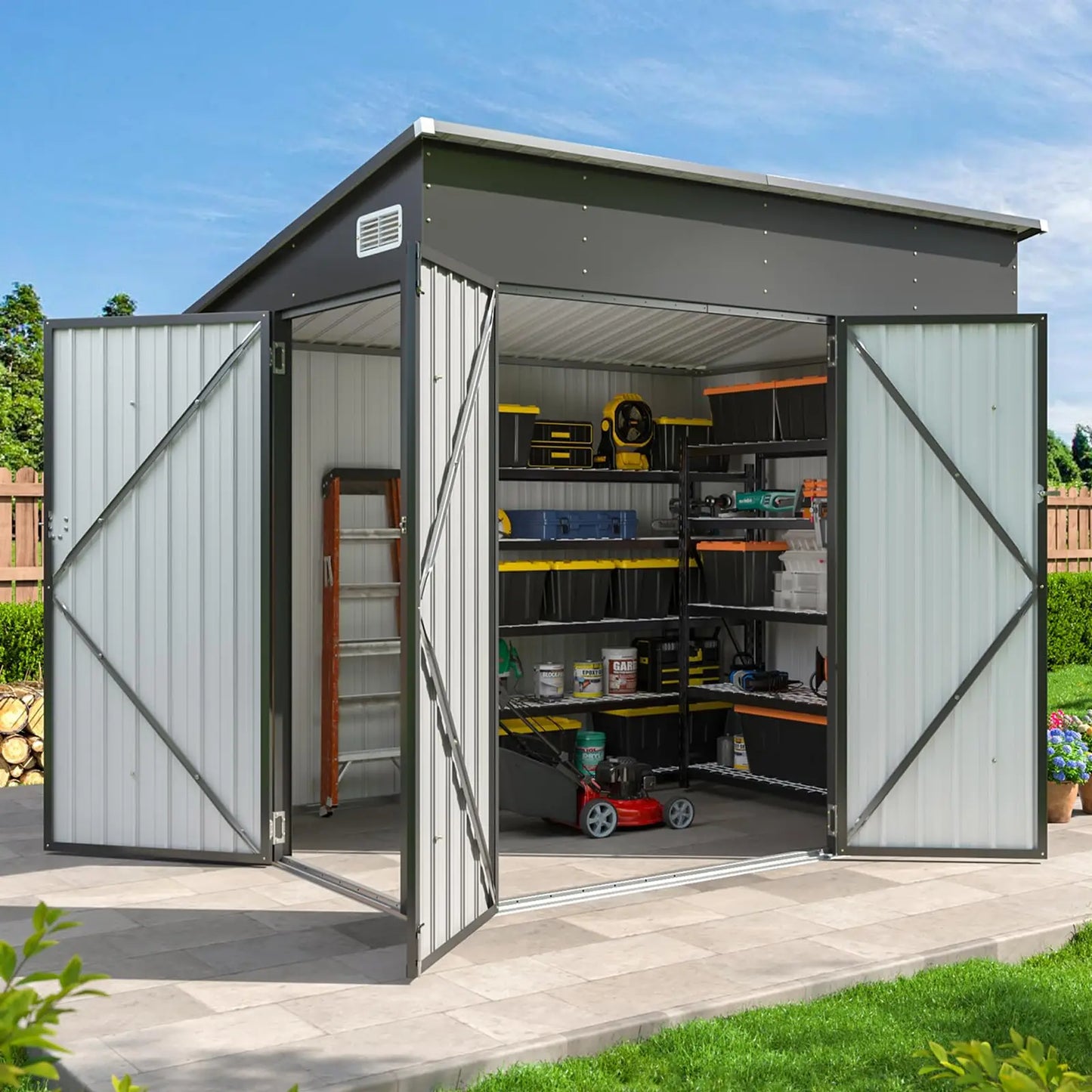 7.5'x4'  Lockable Door Metal Storage Cabinet with Slopping Roof for Tools
