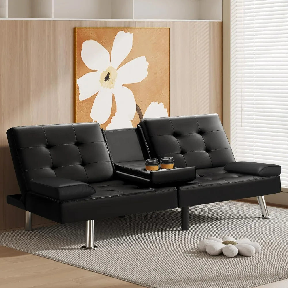 Futon Sofa Bed  Faux Leather Couch for Living Room with 2 Cup Holders and Armrest
