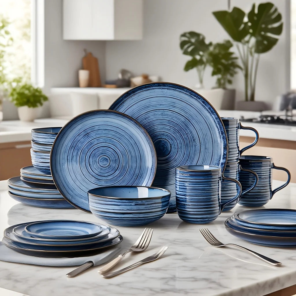 16pcs Blue Threaded Ceramic Dinnerware Set - A Reactive Change Glaze Dish Set Including Plates, Pasta Bowls, Soup Bowls, And Mugs, Serving 4 People, High Quality Stoneware Suitable for Gifting, Valentine's Day, Parties, And W
