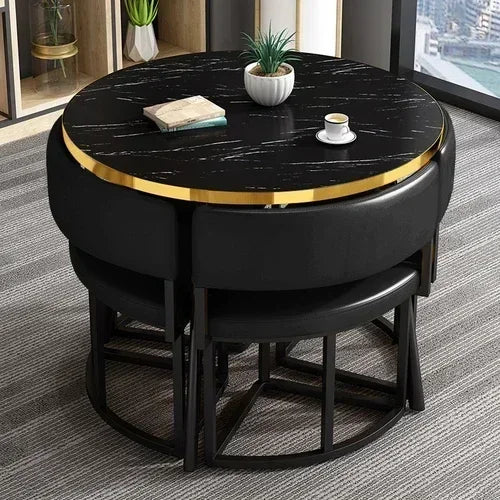 Round Luxury White Mobile Dining Table  Set with 4 Chairs