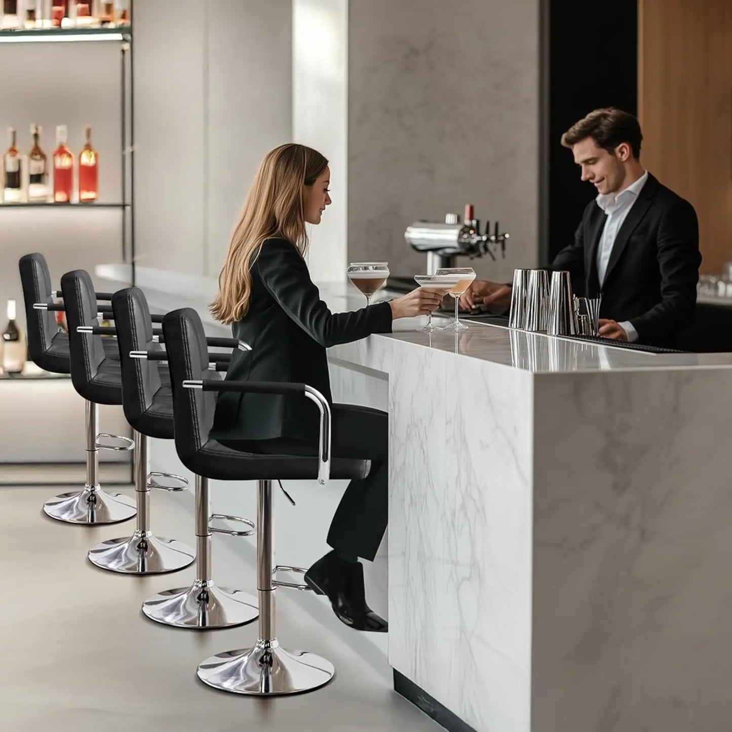 Counter Height Bar Stools Set of 4, PU Leather Adjustable Barstools with Armrest, with Thickened Seat