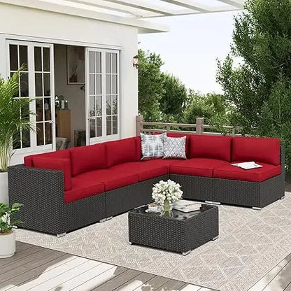 Black Rattan Wicker Sectional  Outdoor Patio Furniture Sofa Set  with Glass Top Table and Cushions (Red)