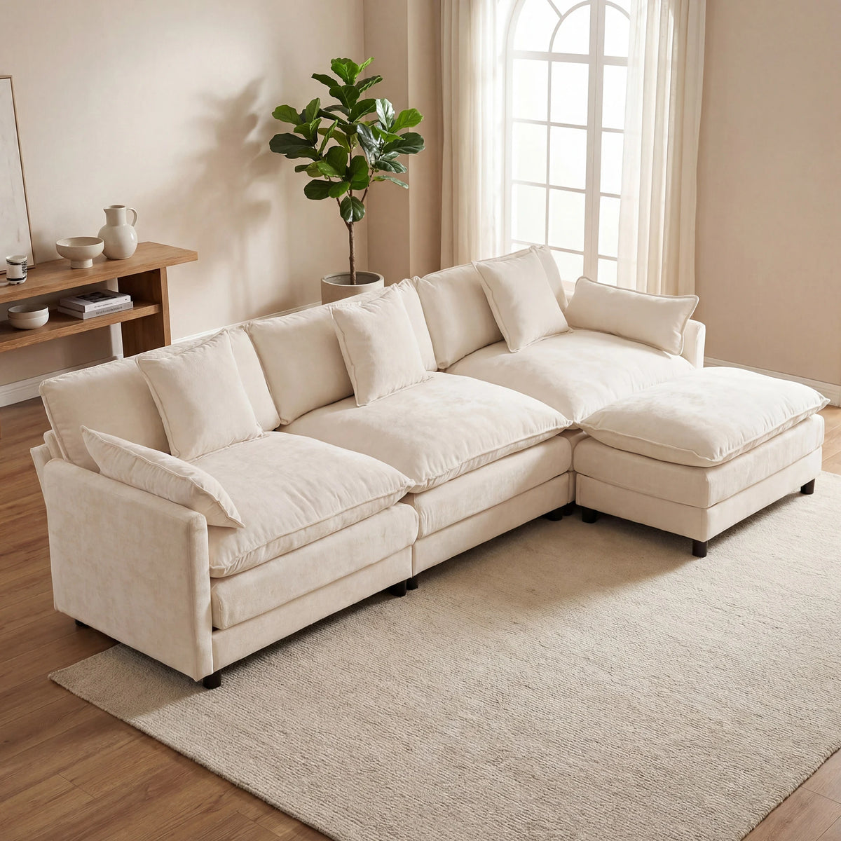 107" Modular Sectional Sofa Set with Ottoman, L-Shaped Convertible Couch, 3-Seats Chenille Deep Seat Sofa with Pillows for Living Room, Bedroom and Apartment