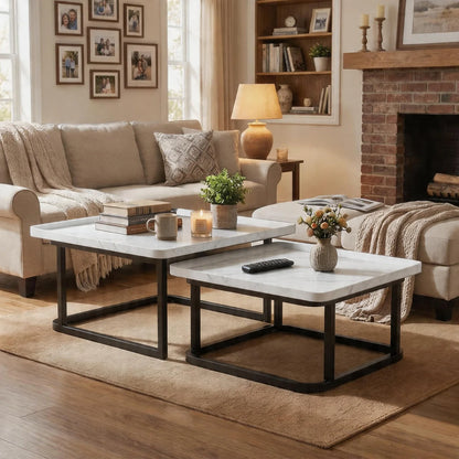 Square Nesting Coffee Tables Set Of 2, Space Saving Small End Table Set For Living Room Bedroom Balcony, Fluted Side Tables Set