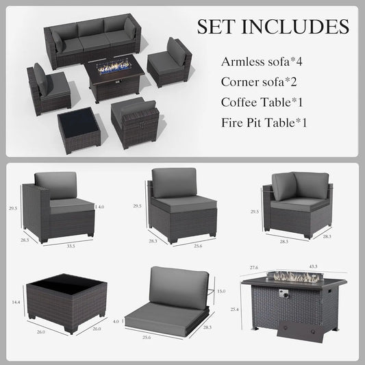 8 Pieces Patio Furniture Set with Fire Pit Table, All Weather Rattan Outdoor Furniture with 29.5'' High Backrest, Customized