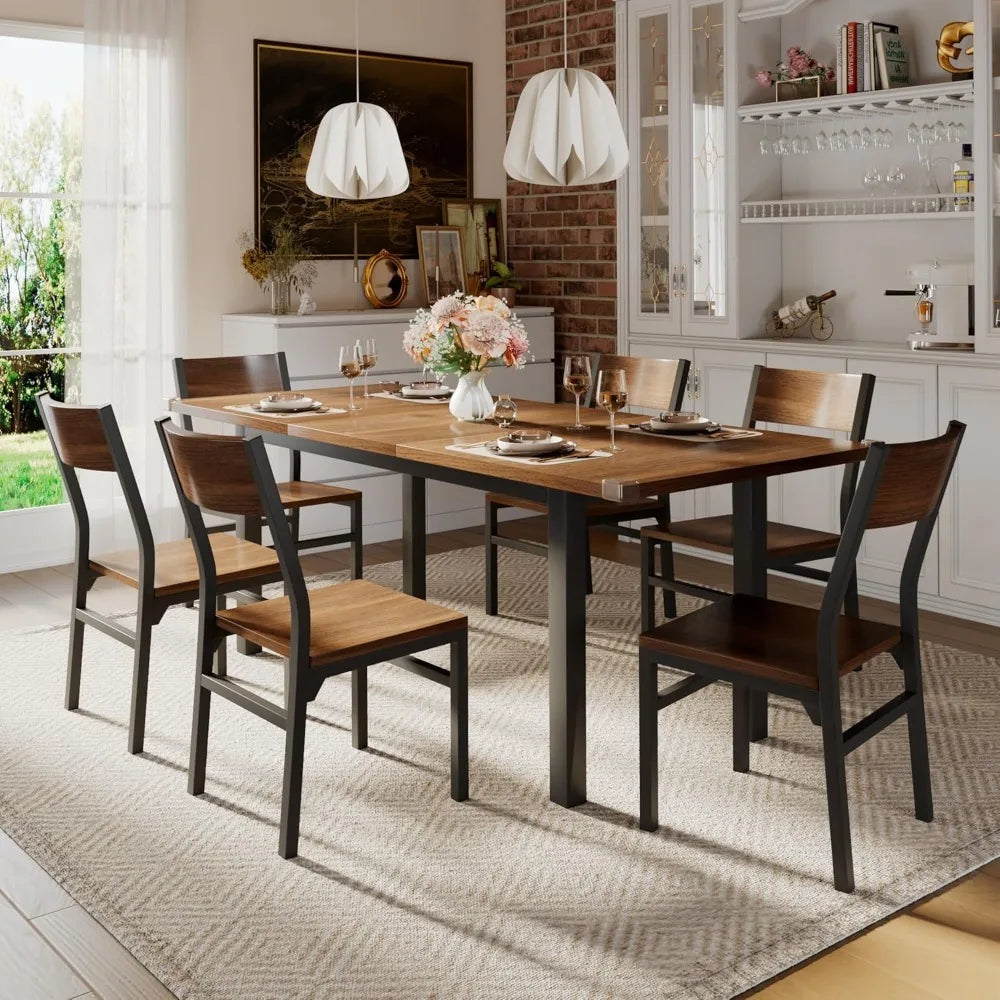 7-Piece Extendable Dining Table Set with 6 Chairs,, Solid Metal Frame & MDF Board,