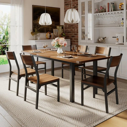 7-Piece Extendable Dining Table Set with 6 Chairs,, Solid Metal Frame & MDF Board,