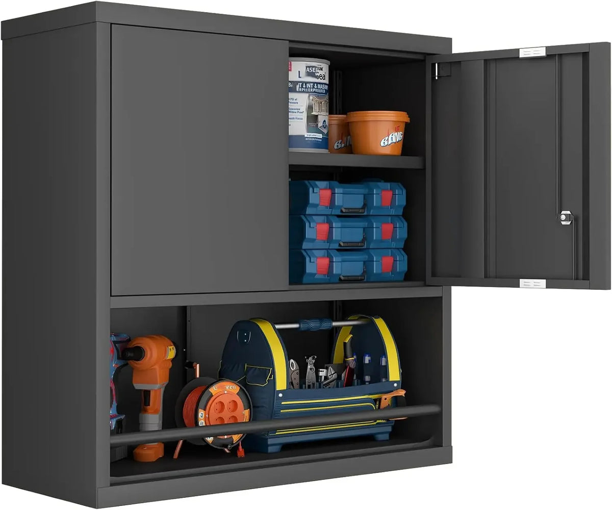 31" H Metal Garage Storage Cabinet, Black | Doors and Shelves, Lockable with Lock, Wall Mount, Hanging Cabinet, For Utility Room