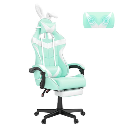 Pink Ergonomic Gaming Chair with Bunny Ears Footrest Headrest Lumbar Support for Home Office