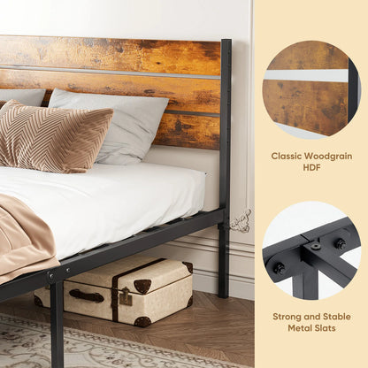 Wooden Headboard and Metal Platform Bed Frame No Box Spring Needed with 700LBS Sturdy Wooden Slats Support For Home