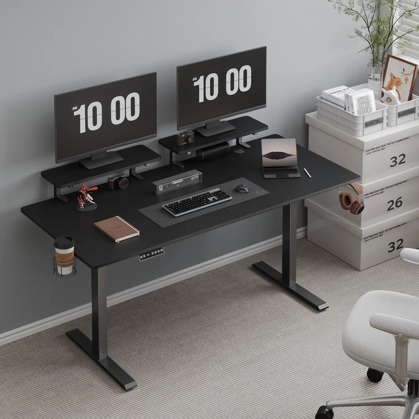 Electric Stand Up Desk with Memory Controller & Adjustable Height  2 Adjustable Monitor Shelves