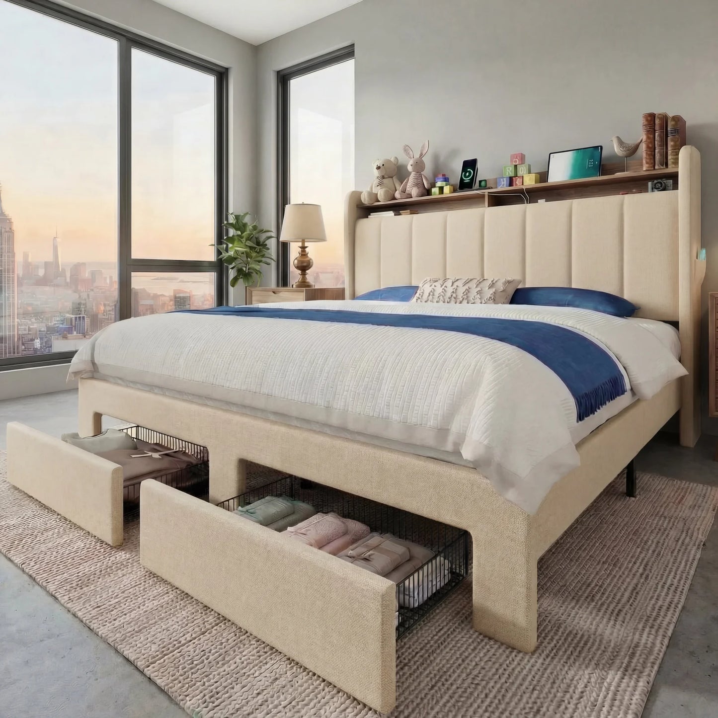 Beautiful Bed Frame, 2 Storage Drawers/2-Tier Shelves with LED Lights & Charging Station, No Box Spring Need, Full/Queen/King