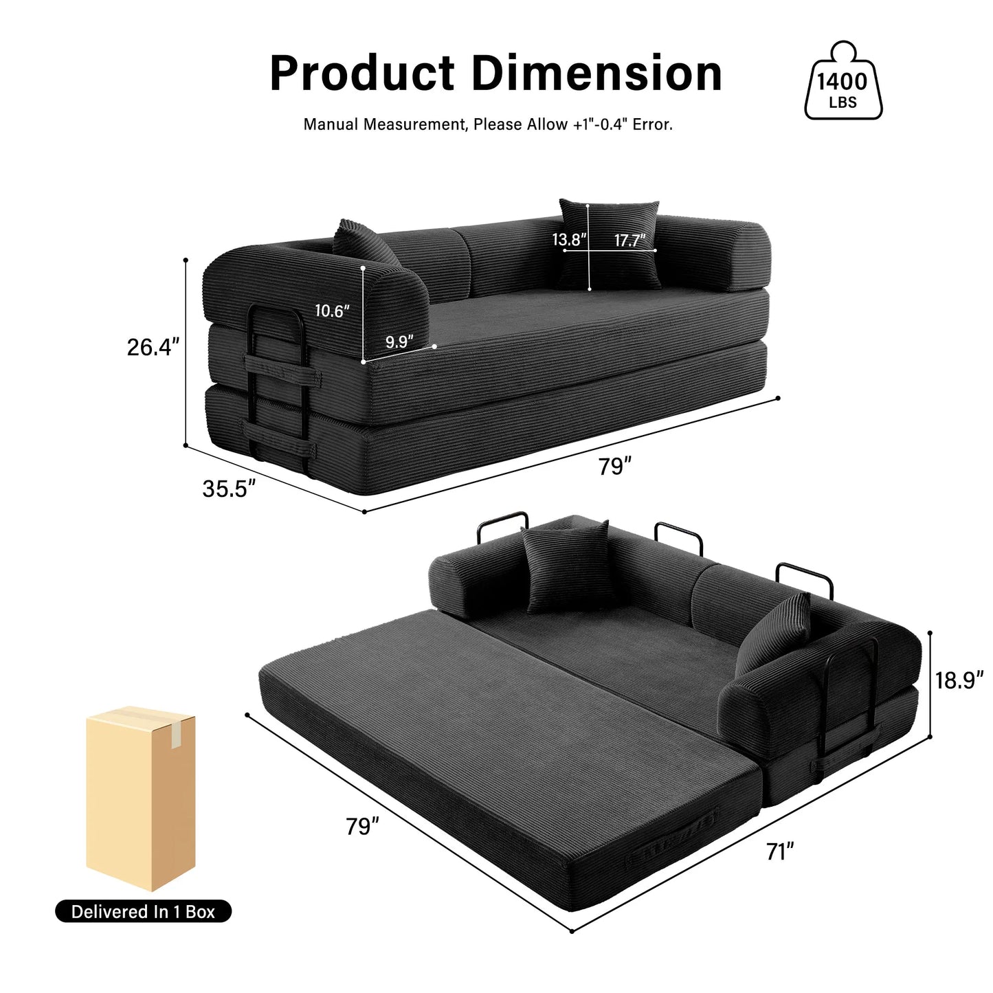 79''  Foldable Convertible Futon Sleeper Sofa Bed with L-Shaped Armrests for Living Room