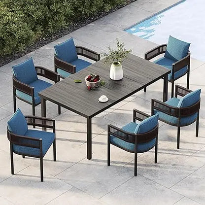 7 PCS Patio Table and Chairs Set, Metal Woven Wicker Patio Chairs with Thickened Cushions Outdoor Dining Set for 6