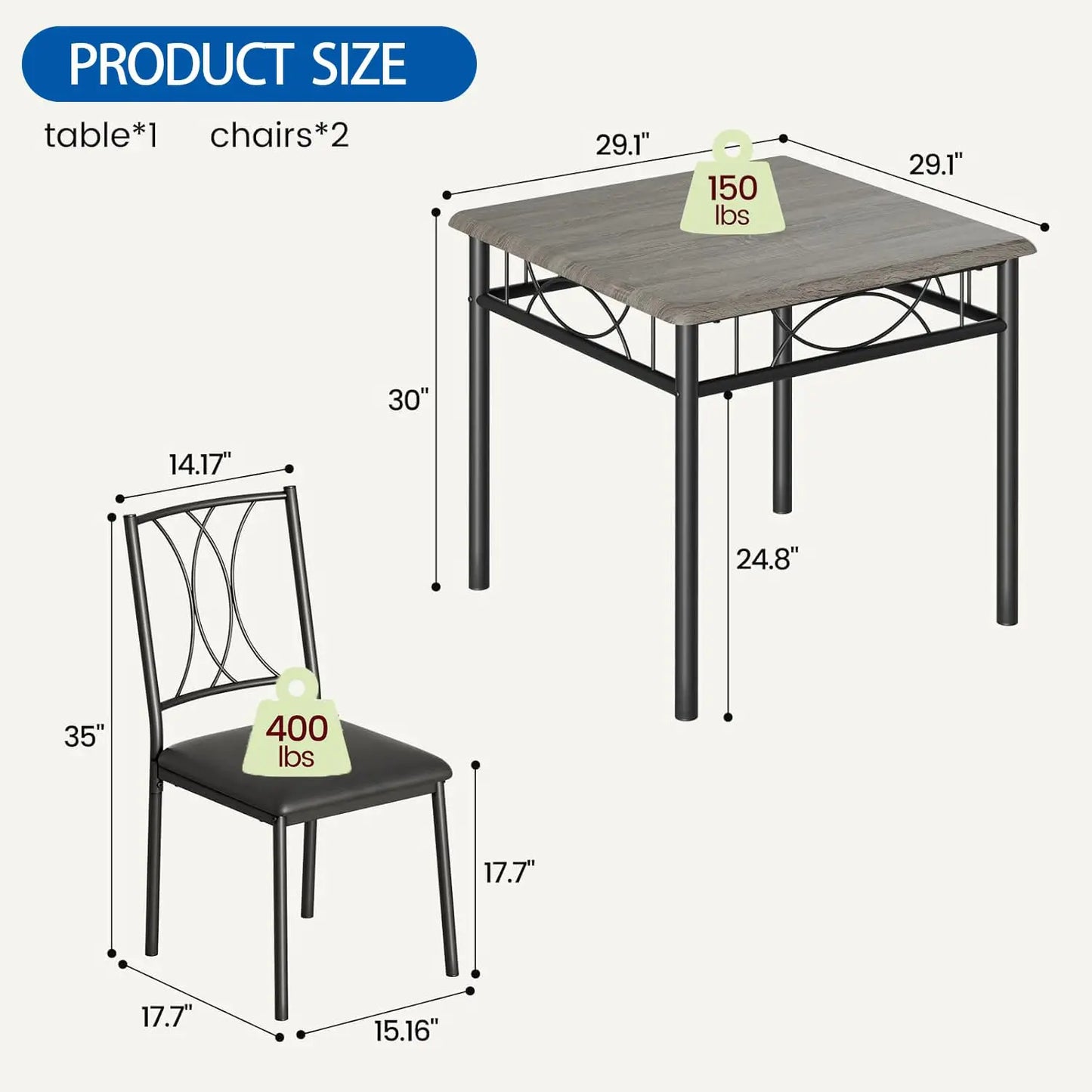 3-Piece Wood Dining Table Set for 2, Compact Square Kitchen Table Set with 2 Upholstered Chairs