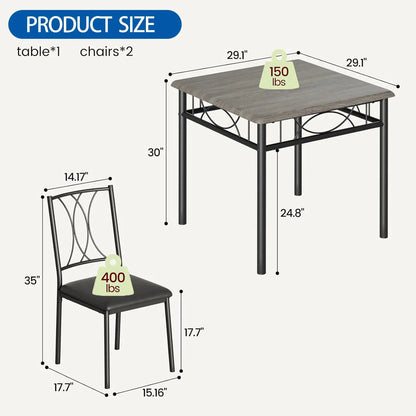 3-Piece Wood Dining Table Set for 2, Compact Square Kitchen Table Set with 2 Upholstered Chairs