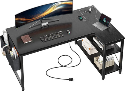 40" White L Shaped Corner Desk with Storage Shelves Side  Power Outlets