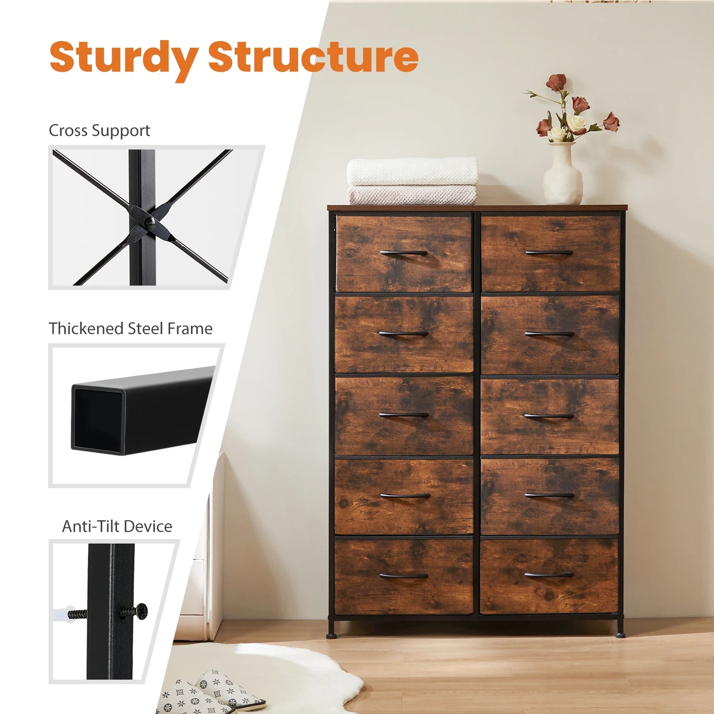 Bedside Steel Frame Wardrobe  With 10 Fabric Drawers