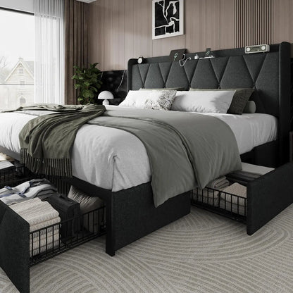 Upholstered Platform Bed Frame Frame with 4 Storage Drawers and Charging Station