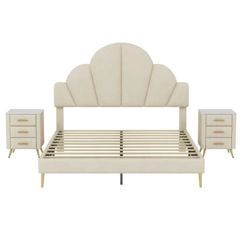 3 Piece Bedroom Set, Queen Size Modern Velvet Upholstered Bed Frame with Petal Shape Headboard, 3 Drawers Nightstands, Beige